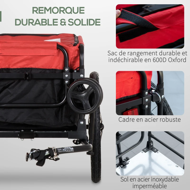 HOMCOM Remorque à vélo ou piéton capacité 100L avec barre d'attelage universelle et tissu Oxford - drapeau et réflecteurs - dim. 130L x 64l x 64/103H cm