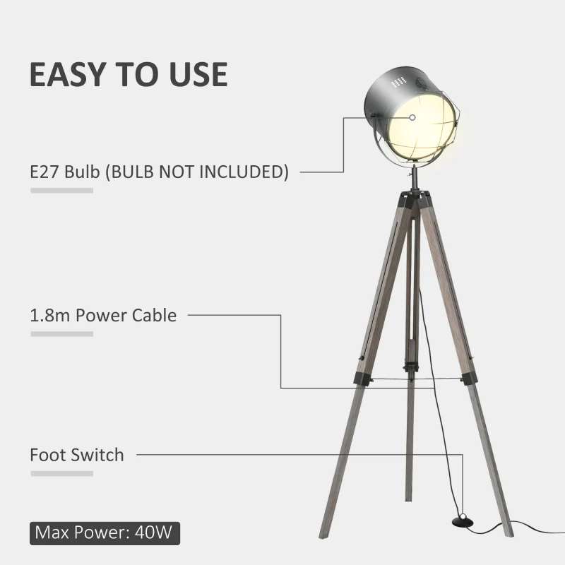 HOMCOM Floor Lamp with Adjustable Tripod for Living Room Bedroom, Vintage Spotlight Reading Lamp with Wood Legs, 115-155cm, Grey