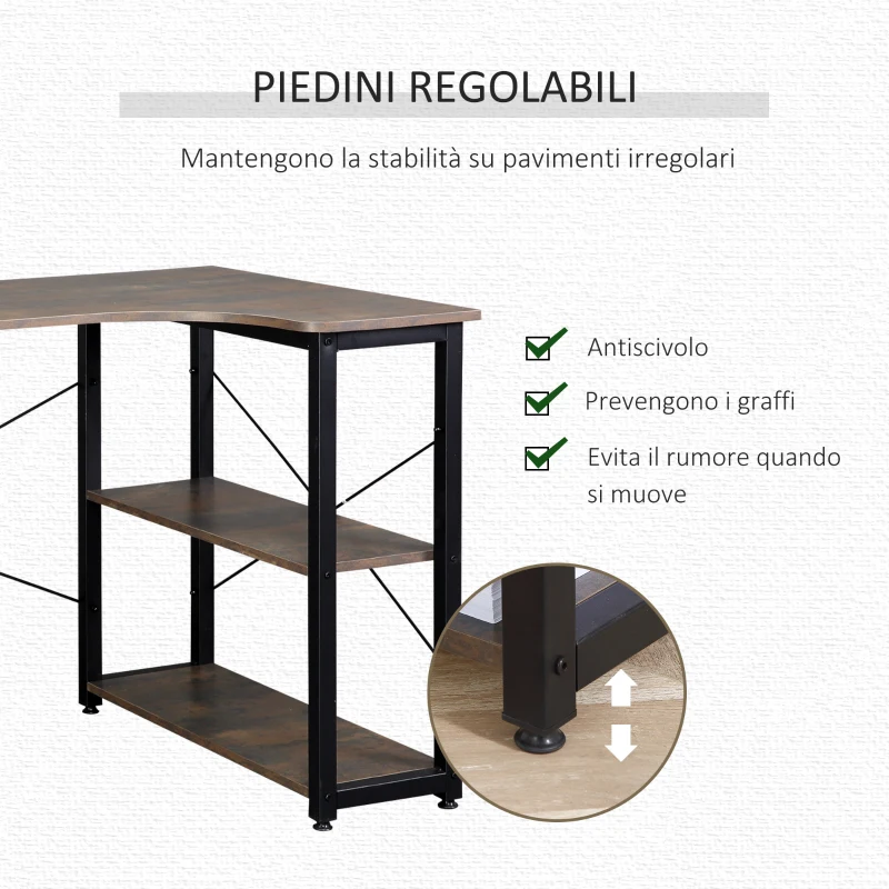 HOMCOM Scrivania Angolare Salvaspazio con 2 Ripiani per Ufficio e Casa, Scrivania Porta PC in Legno e Acciaio, Grigio Scuro