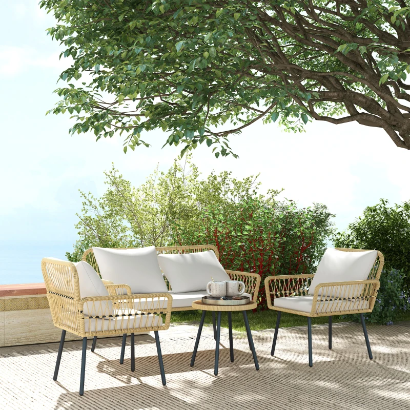 Outsunny Ensemble salon de jardin 4 pièces canapé 2 places 2 fauteuils avec 7 coussins 1 table basse ronde, résine tressée