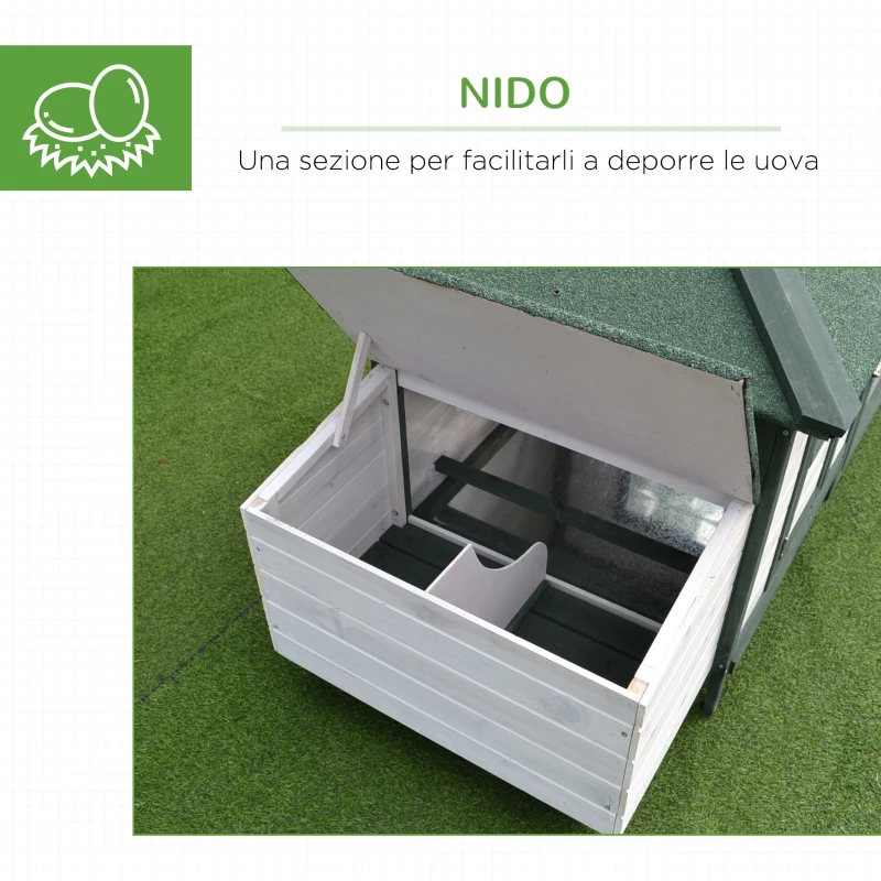 PawHut Pollaio da Giardino Prefabbricato in Legno 196x76x97cm, Bianco e Verde