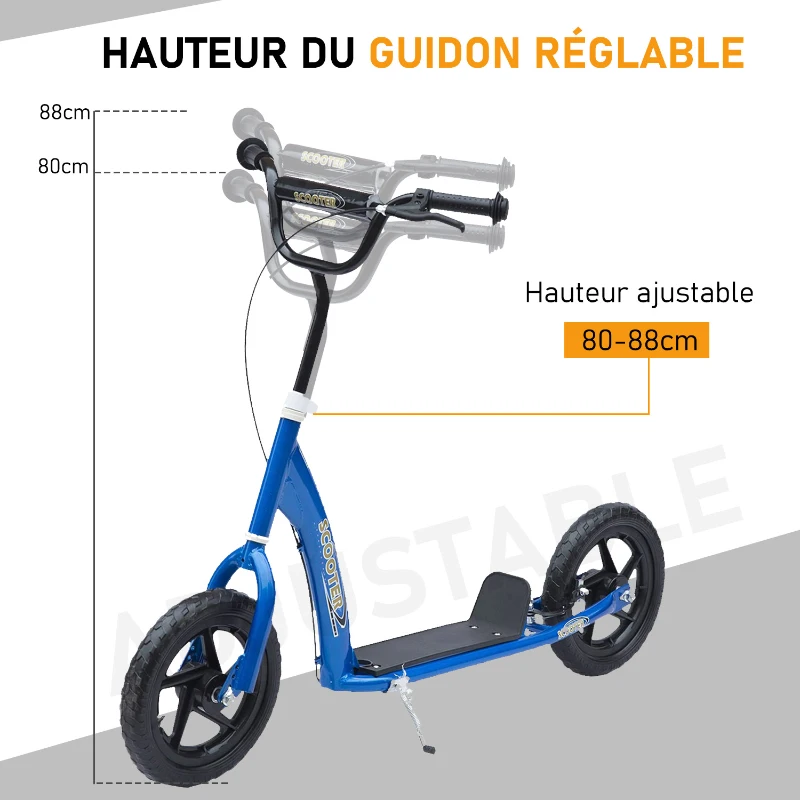 HOMCOM Trottinette enfant patinette pneus 30 cm Hauteur Guidon réglable poignée Frein et béquille Acier pour enfants à partir de 5 ans Bleu