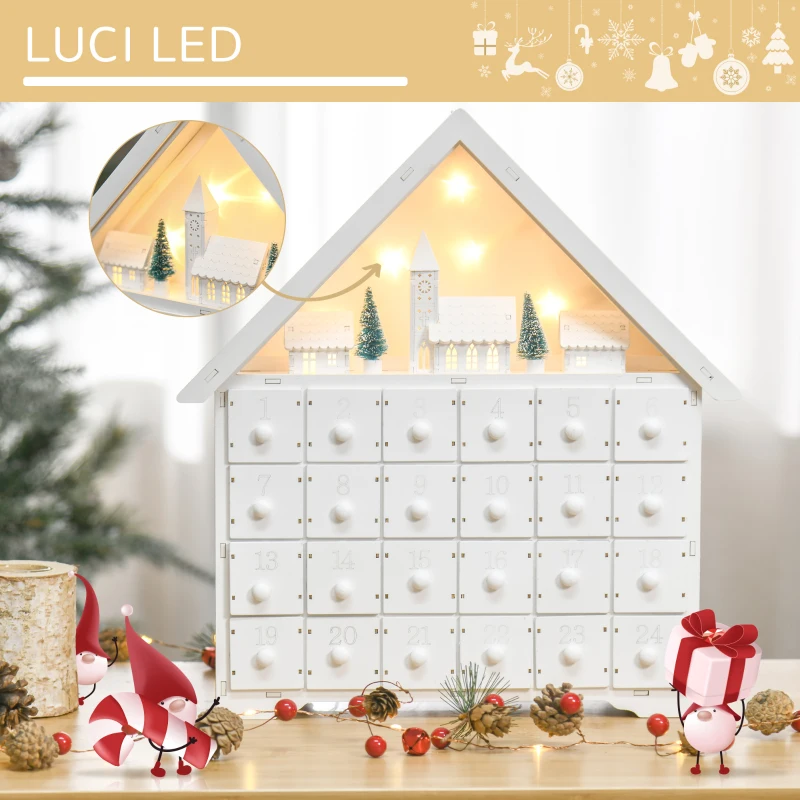 HOMCOM Calendario dell'Avvento in Legno da Riempire con 24 Cassetti e Villaggio di Natale con Alberi e Luci, 39x9x42cm
