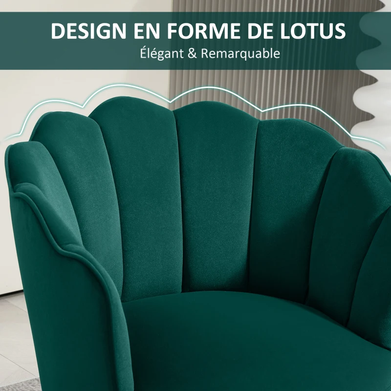 HOMCOM Fauteuil Coquillage Fauteuil de Salon Chambre avec Dossier et Coussin Aspect Velours Pieds en Bois hévéa, Vert