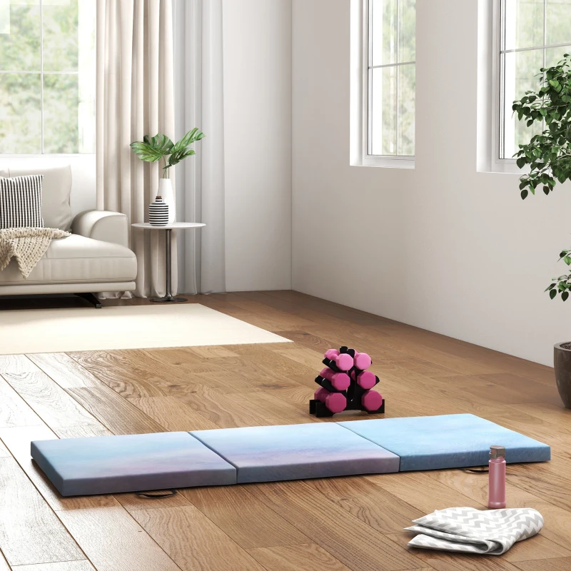 HOMCOM Tapis de gymnastique yoga pilates fitness pliable en 3 panneaux avec poignées revêtement synthétique 180 x 60 x 5cm bleu