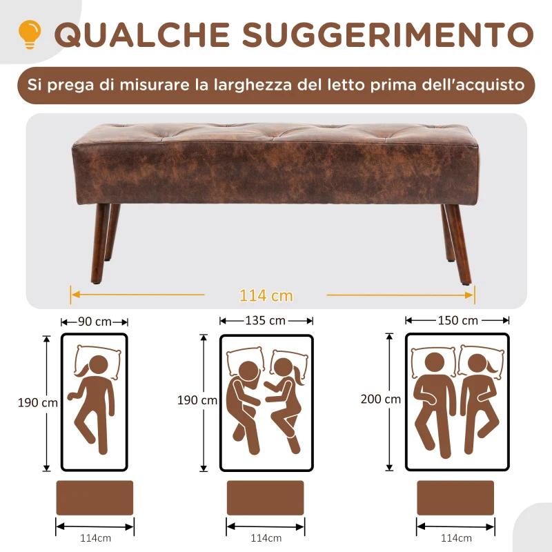 HOMCOM Panca Fondoletto e da Ingresso Imbottita con Rivestimento in PU, 114x38x42cm, Marrone