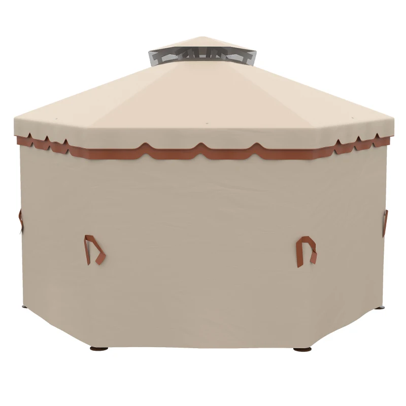 Outsunny Gazebo da Giardino 4x4m Esagonale con Doppio Tetto e Tende Laterali Rimovibili, Marrone