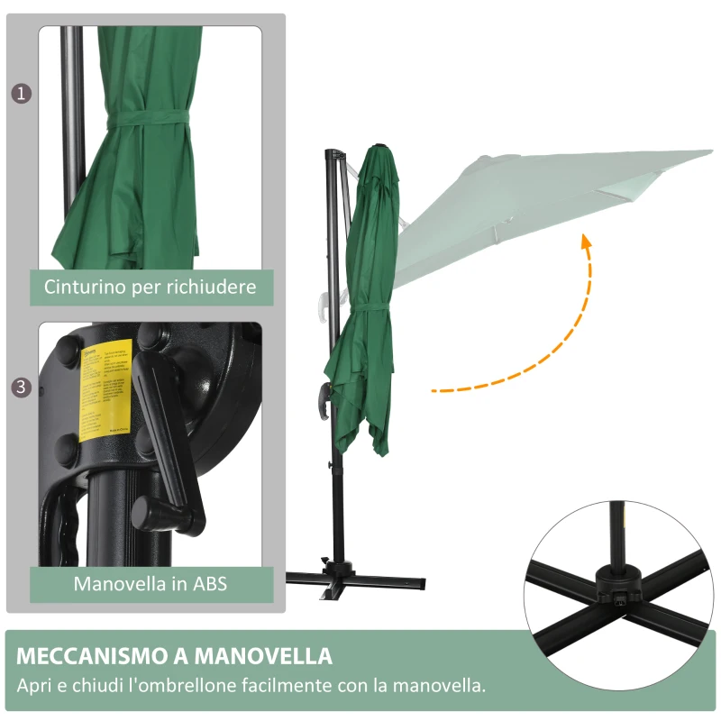 Outsunny Ombrellone da Giardino a Manovella 2.5x2.5  m con Rotazione 360° e Parasole Regolabile, Verde