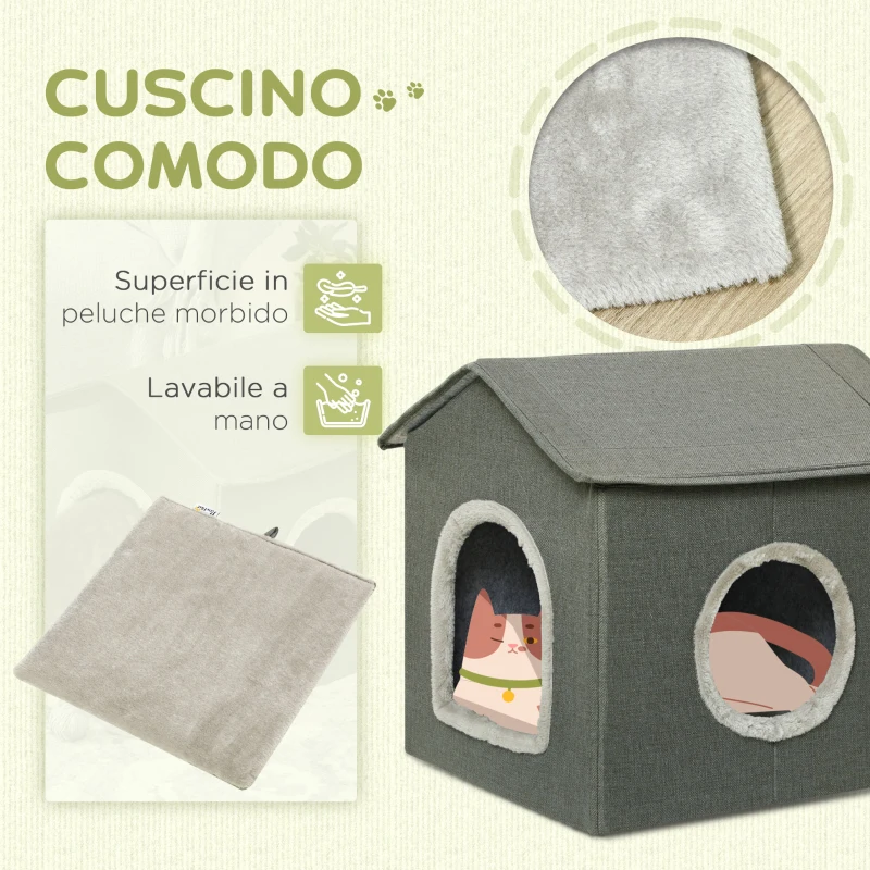 PawHut Casetta per Gatti con Cuscini Lavabili 2 entrate, 39x43.5x40.5cm  Grigio