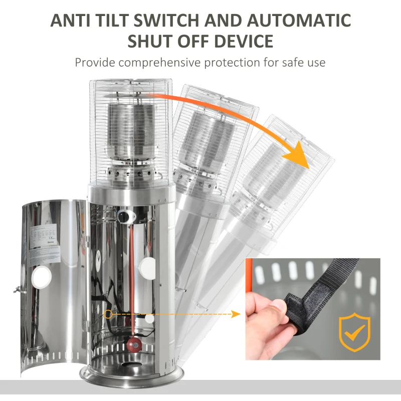 Outsunny 10KW Outdoor Gas Patio Heater Terrace Freestanding Bullet Style Heater with Wheels, Dust Cover, Regulator and Hose, Silver