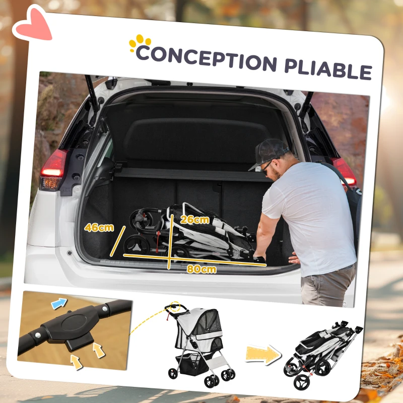 PawHut Poussette buggy pour chiens 75L x 46l x 94H cm pliable imperméable tissu 600D Oxford 4 roues gris