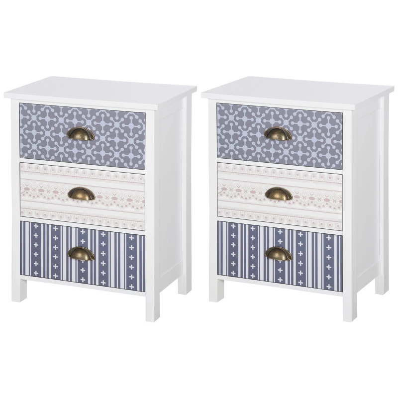 HOMCOM Bedside Table Set of 2 Chest of 3 Drawers Shabby Chic Nightstands with Metal Handle Sofa Side Table for Living Room, Bedroom,Purple