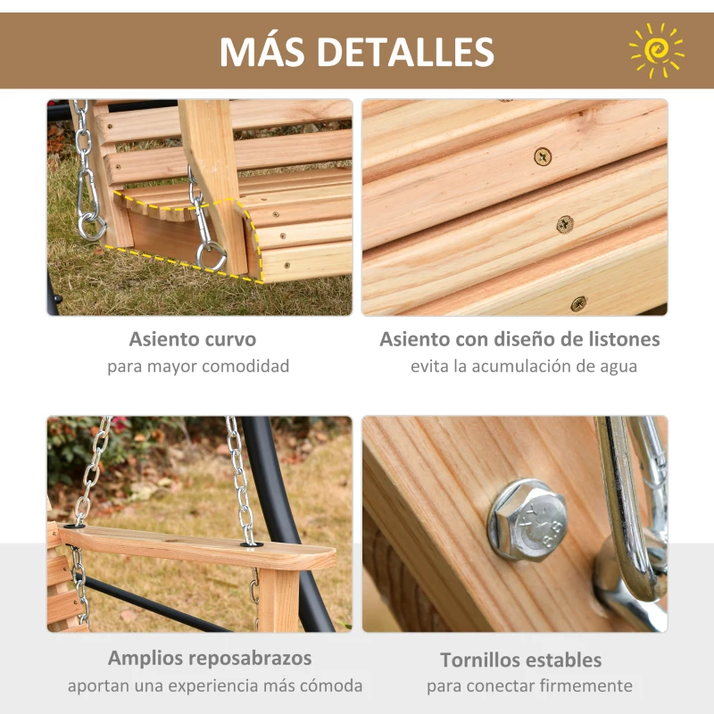 Outsunny Banco Colgante de Madera con Mesa de Centro Plegable 2 Portavasos y Reposabrazos Carga 200 kg 150x75x53 cm Natural