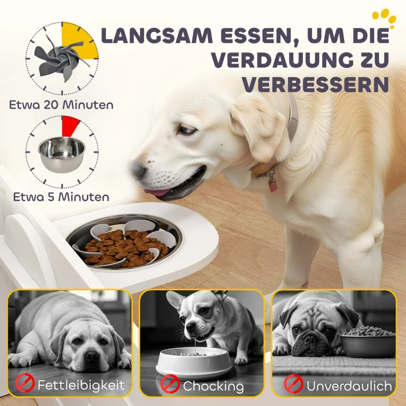 PawHut Hundefutternapf-Gestell, verstellbare Futternäpfe mit separatem Design, 2 Edelstahlschüsseln, Anti-Schling-Matte, Weiß