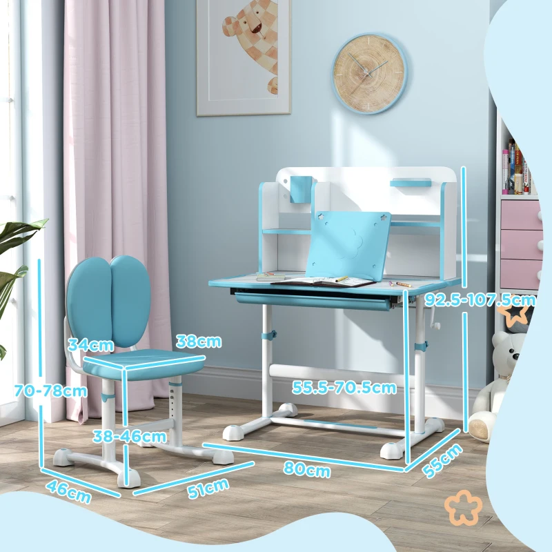AIYAPLAY Set Scrivania e Sedia per Bambini Regolabili, Banco Scuola con Piano Inclinabile, Cassetto, Scaffale, Blu