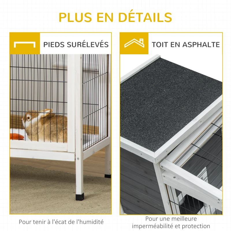PawHut Clapier sur pieds cage à lapin avec niche intérieure plateau excrément coulissant porte supérieure 92L x 51l x 76H cm gris blanc