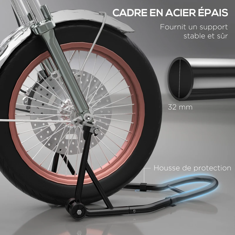 HOMCOM Support pour moto, béquille avant pour moto avec bras oscillant en U et en L, support universel pour atelier, noir
