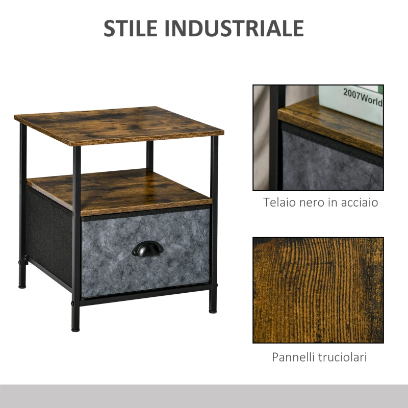 HOMCOM Comodino con Cassetto in Tessuto, Stile Industriale, 40x40x46.9cm - Marrone Rustico