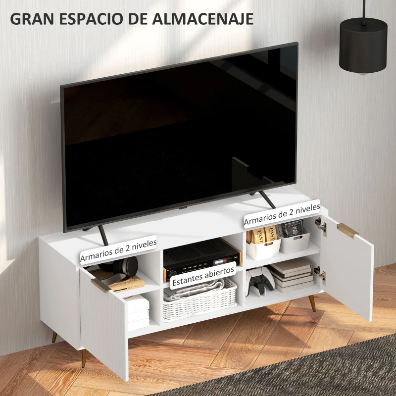 HOMCOM Mueble de TV con 2 Compartimentos Abiertos y 2 Puertas Mueble para Televisión de 55 Pulgadas 120x35x48 cm Blanco
