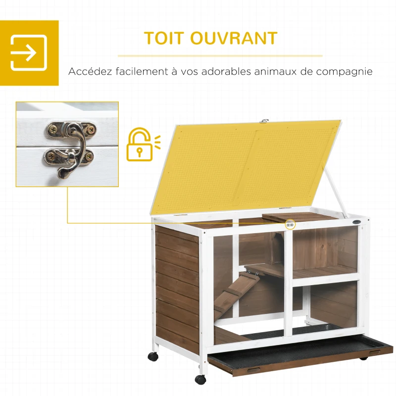 PawHut Cage à lapin clapier sur roulettes petit enclos animaux en bois massif 2 étages toit ouvrant 91,5 x 53,3 x 73 cm marron