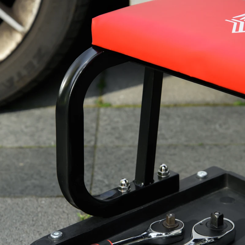 HOMCOM Workshop Stool, Rolling Machine Stool with 360° Swivel, Padded Seat, Tool Tray, Red