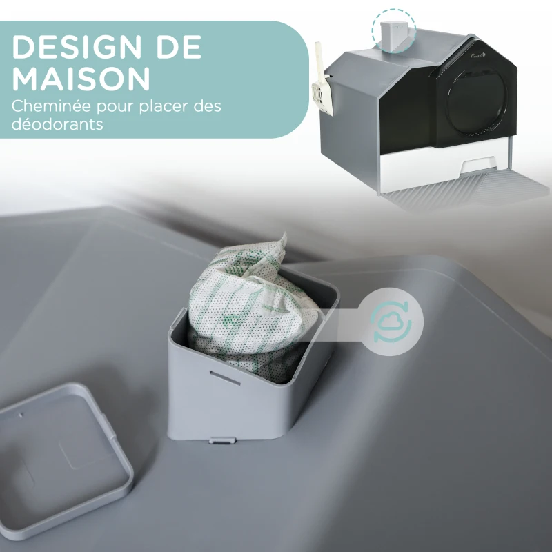 PawHut Maison de toilette bac à litière pour chat design maisonnette avec pelle, filtre et tapis dim. 47L x 45l x 42H cm