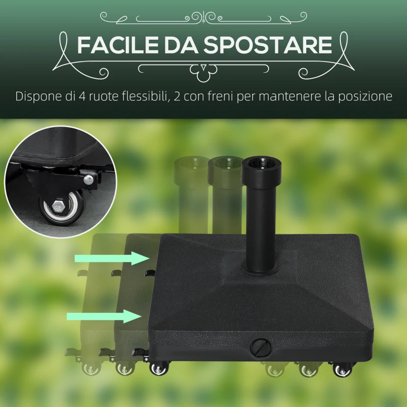 Outsunny Base per Ombrellone con Ruote Riempibile fino a 20kg per Pali da Ø22-38mm, 45x45x39cm, Nero