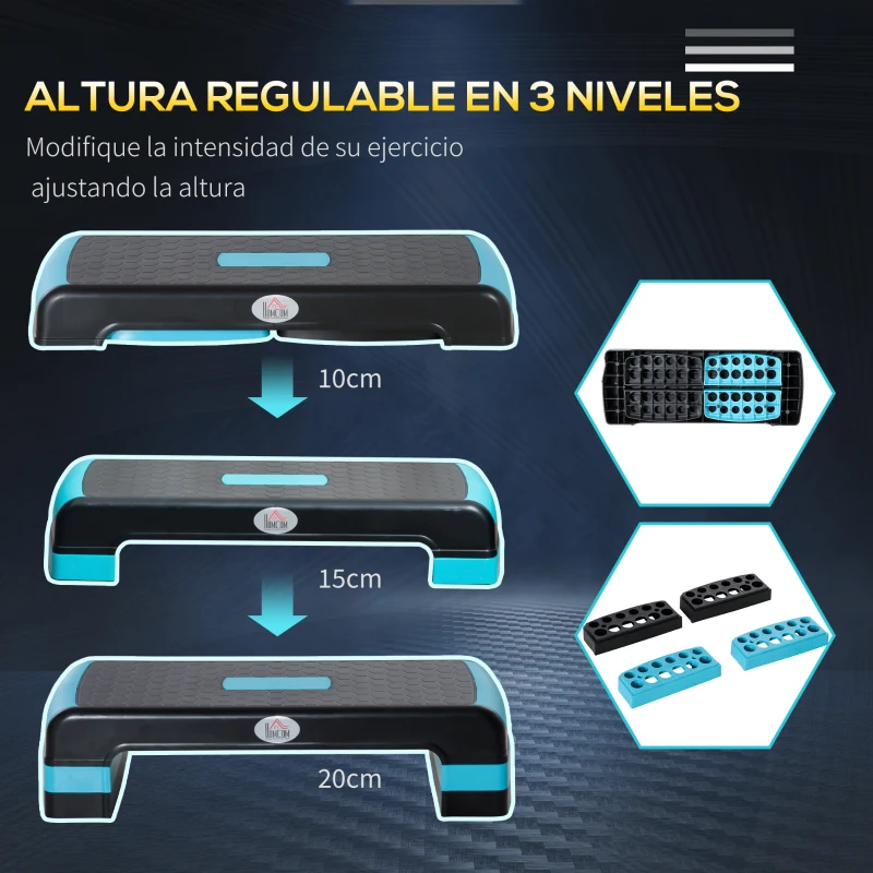 HOMCOM Plataforma Step para Deporte y Gimnasia con Altura Regulable en 10/15/20 cm Carga 150 kg 78x28x20 cm Azul y Negro