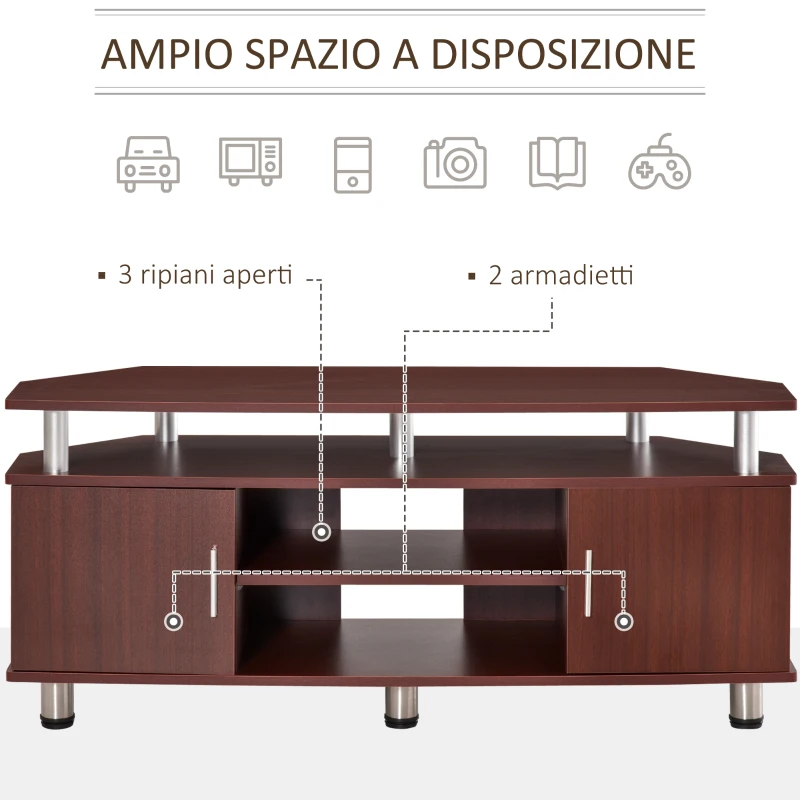 HOMCOM Mobile Porta TV Classico da Soggiorno con 2 ripiani e 2 Armadietti, in MDF e Acciaio Inox, Marrone, 120x39.5x52cm
