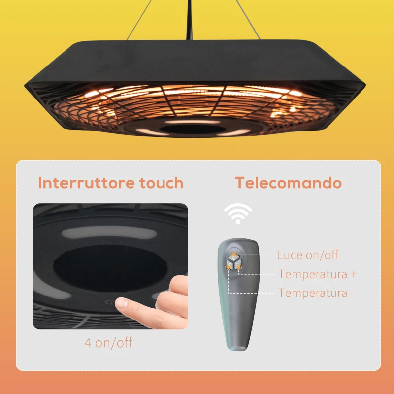 Outsunny Lampada Riscaldante per Esterni con Luce, Potenza 800W/1200W/2000W e Telecomando, 45x45x10cm, Nero