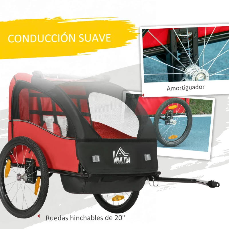 HOMCOM Remolque de Bicicleta para Niños +18 Meses con Cinturón de Seguridad Sistema de Amortiguador 140x88x90 cm Rojo