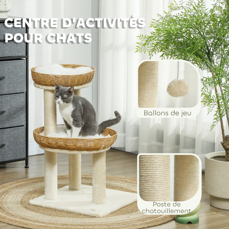 PawHut Arbre à chat arbre à grimper hauteur de 75,5 cm avec deux lits pour chat en rotin griffoirs coussins lavables beige