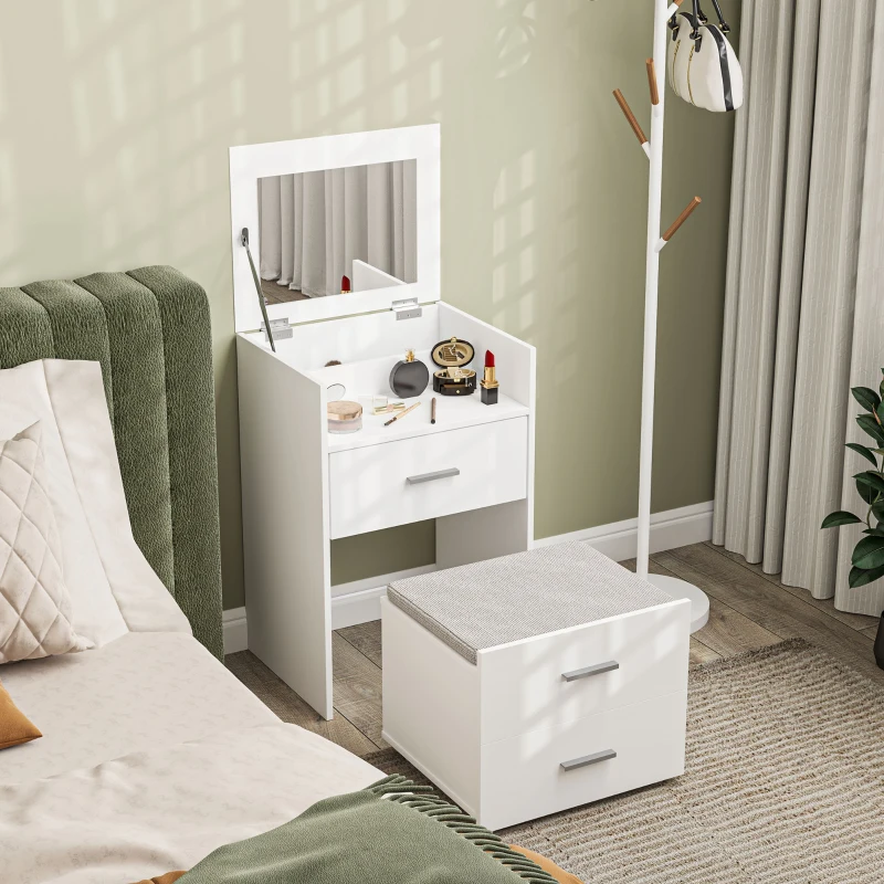 HOMCOM Tavolo da Trucco in Legno con Specchio Ribaltabile, 2 Cassetti e Sgabello, 50x40x113.5 cm, Bianco