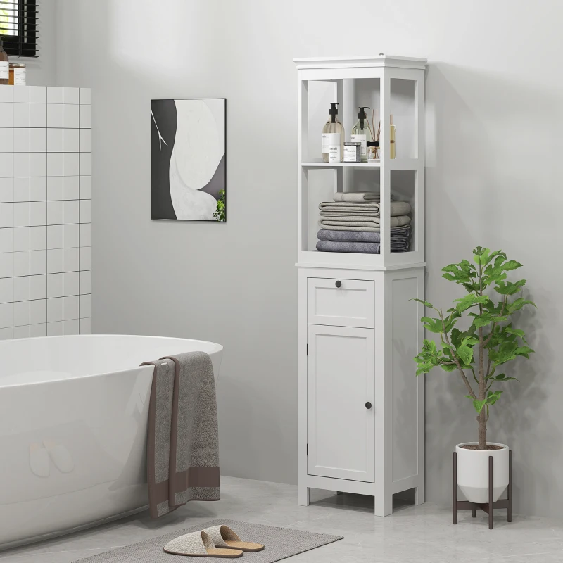 HOMCOM Meuble colonne de salle de bain armoire haute avec 2 étagères, 1 tiroir et 1 placard - 40 x 30 x 165 cm, blanc