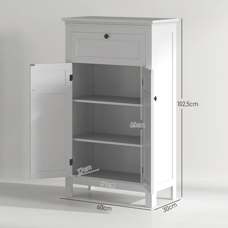 HOMCOM Meuble de salle de bain avec tiroir et étagères réglables, armoire de rangement sur pied, hauteur 102,5 cm, blanc