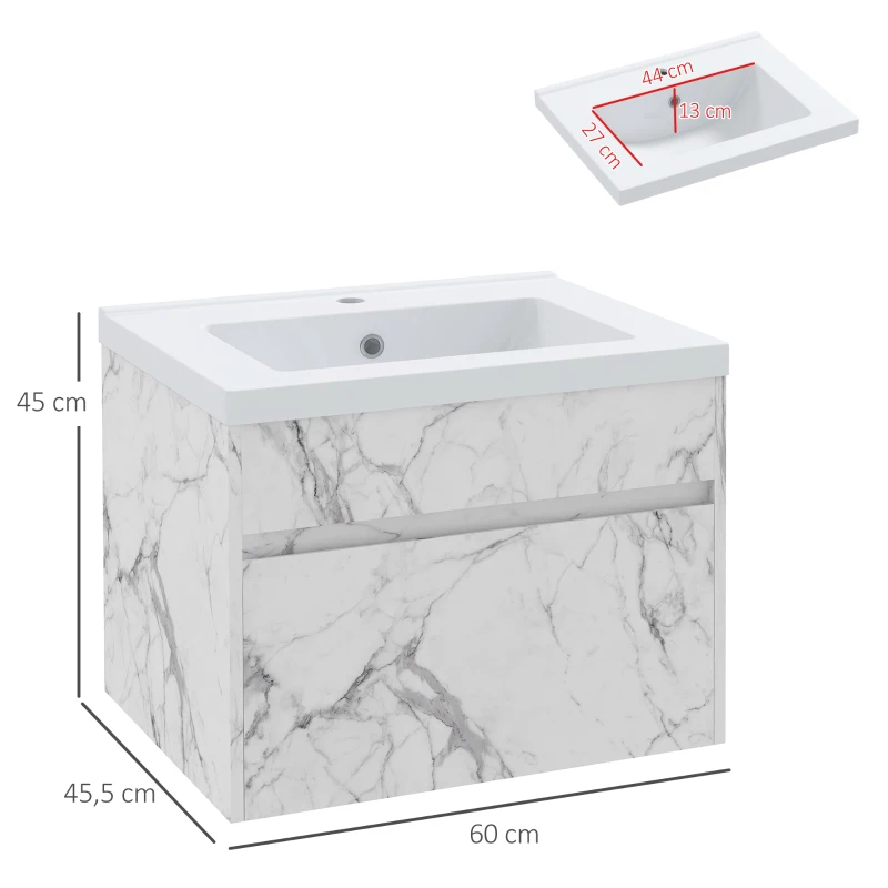 kleankin Meuble sous lavabo suspendu meuble de salle de bain avec bassin et tiroir design moderne 60 x 45,5 x 45 cm blanc