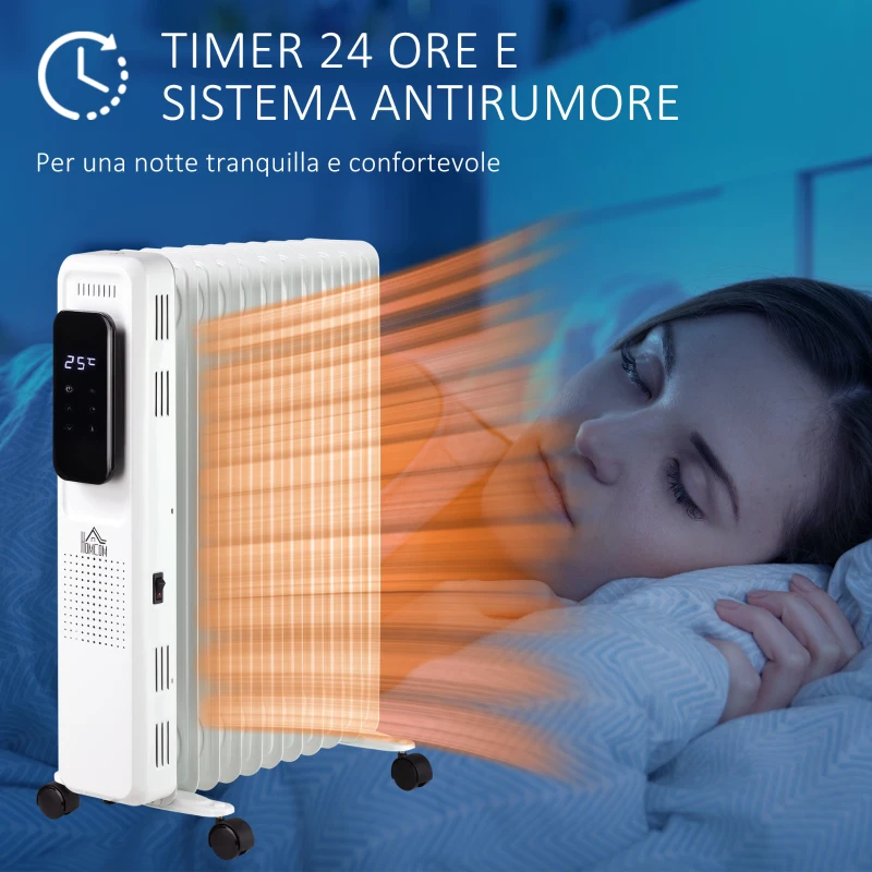HOMCOM Radiatore a Olio a 11 Elementi, 3 Livelli di Riscaldamento e Timer, 50.5x24x63cm, Bianco