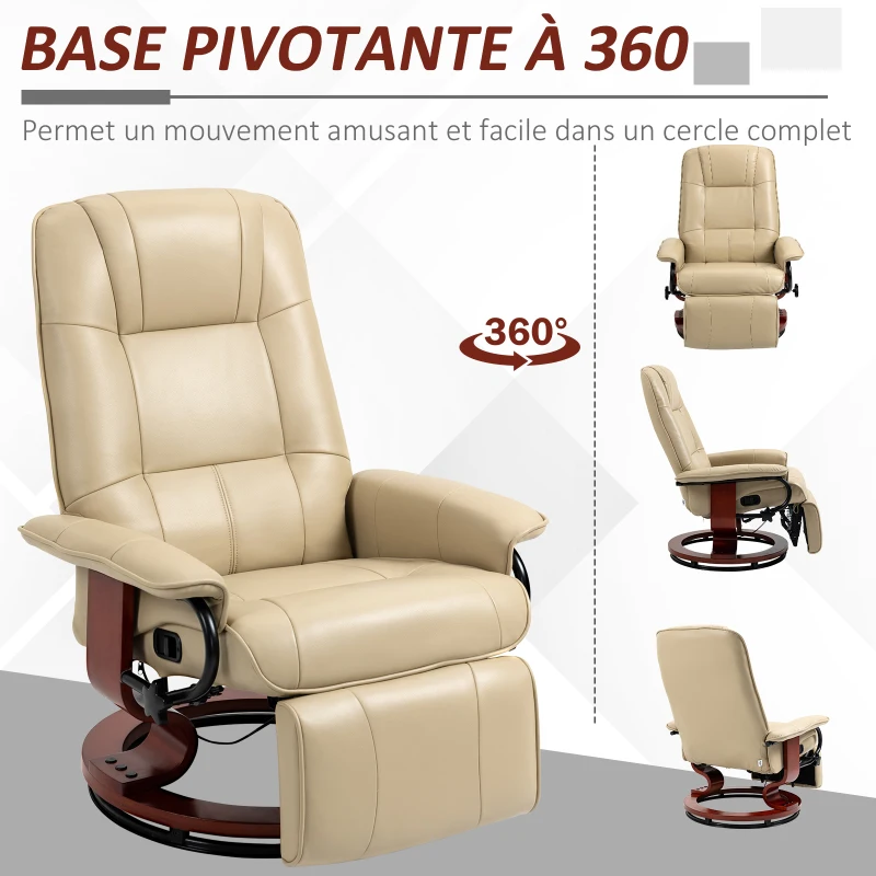 HOMCOM Fauteuil relax inclinable repose-pieds réglable pivotant 360° piètement bois revêtement synthétique crème(m-5)