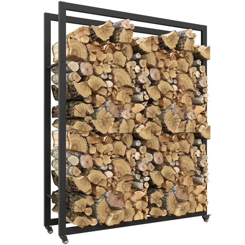 Outsunny Range-bûches porte-bûches avec 4 roues pour intérieur extérieur charge max. 150 kg 120l x 32P x 151H cm métal noir