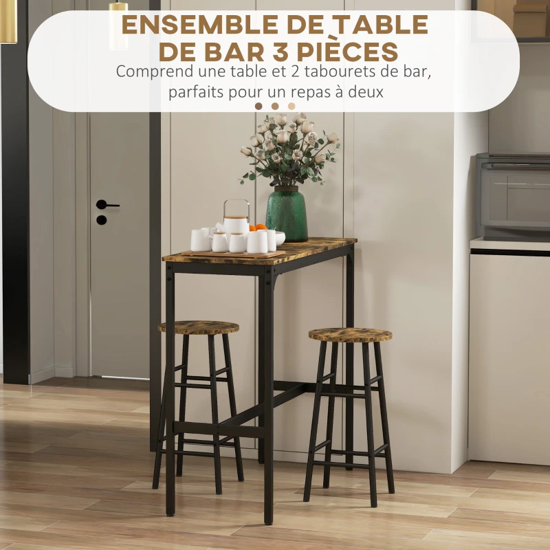 HOMCOM Ensemble table haute de bar + 2 tabourets structure en acier plateau aspect effet bois d'acajou 2 personnes noir