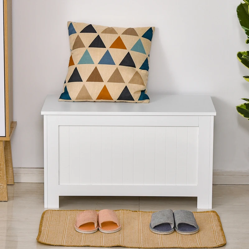 HOMCOM Coffre de rangement avec charnières de sécurité boîte de rangement en bois coffre à jouets avec couvercle rabattable 81L x 40l x 46H cm blanc