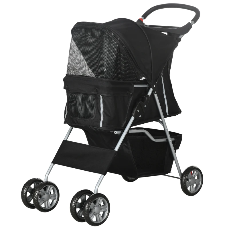 PawHut Passeggino per Cani Pieghevole con Cestino e Portabicchiere, Peso Max. 10 kg, 75x45x97cm, Nero