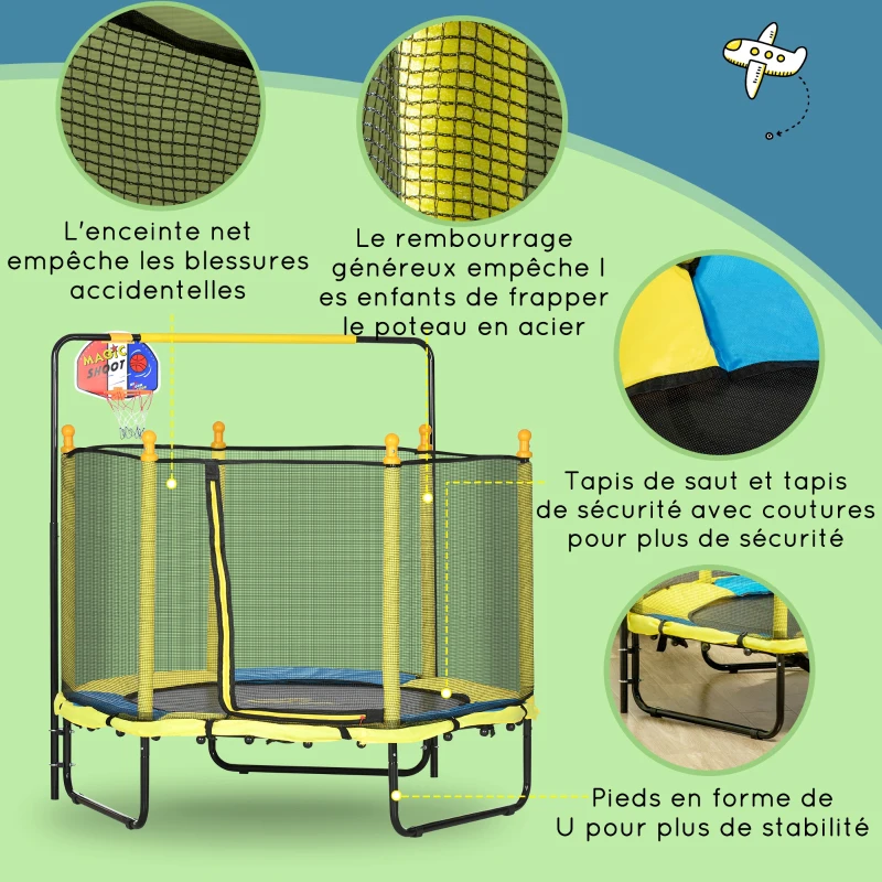 ZONEKIZ Trampoline rond enfant avec filet de protection capacité 50 kg pour adultes et enfants diamètre 140 cm jaune et noir