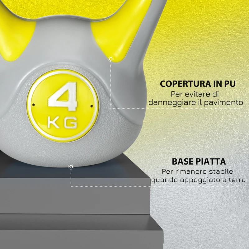 SPORTNOW Kettlebell 4kg in PU e Sabbia con Base Piatta e Impugnatura per Stacchi, Squat e Sollevamenti, 18x12x20 cm, Giallo
