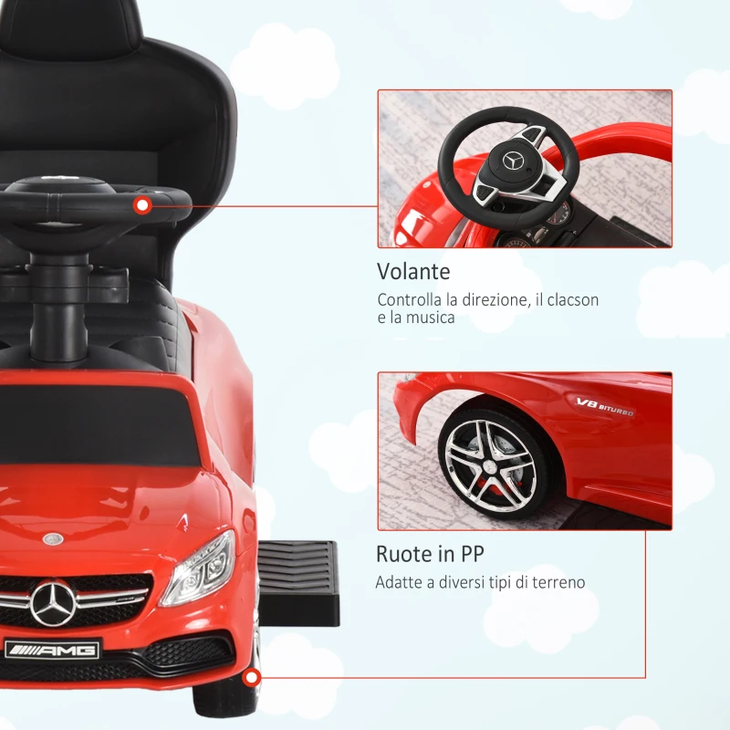 HOMCOM Macchina Cavalcabile per Bambini 12-36 Mesi con Maniglione e Barre di Sicurezza Rimovibili, Licenza Mercedes, Rossa