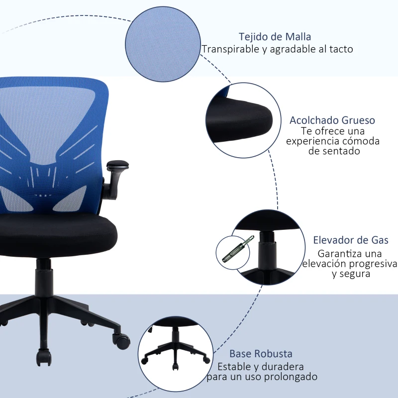 Vinsetto Silla de Oficina Ergonómica Silla de Juvenil con Altura Ajustable Reposabrazos Abatible y Soporte Lumbar Transpirable 62x59x99-107 cm Azul y Negro
