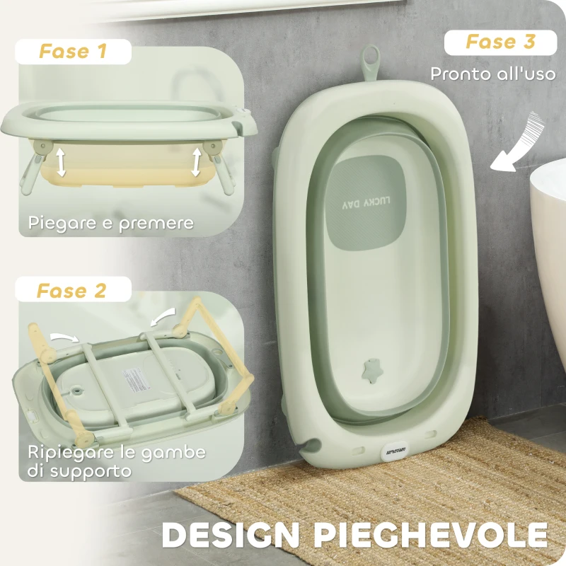 AIYAPLAY Vaschetta Bagnetto Pieghevole per Neonati con Cuscinetto e Lavabo, in Plastica Antiscivolo, 86x53x25.5 cm, Verde