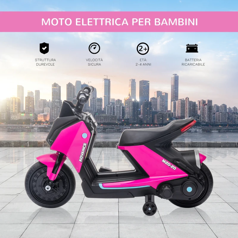 HOMCOM Moto Elettrica per Bambini 6V con Musica e Fari LED, Velocità 1.5-2.5km/h, Età 2-4 Anni, 80x39.5x51cm, Rosa