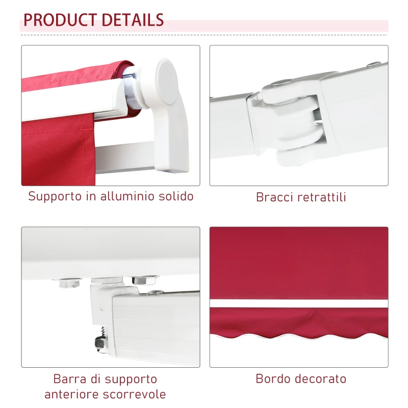Outsunny Tenda da Sole per Esterno Avvolgibile a Manovella in Metallo e Alluminio, 4x2.5m, Rosso Scuro