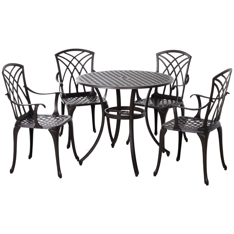 Outsunny 5 Pieces Garden Dining Set for 4, Cast Aluminium Outdoor Dining Set with 4 Armchairs and Round Dining Table with Parasol Hole, Garden Furniture Bistro Set, Brown